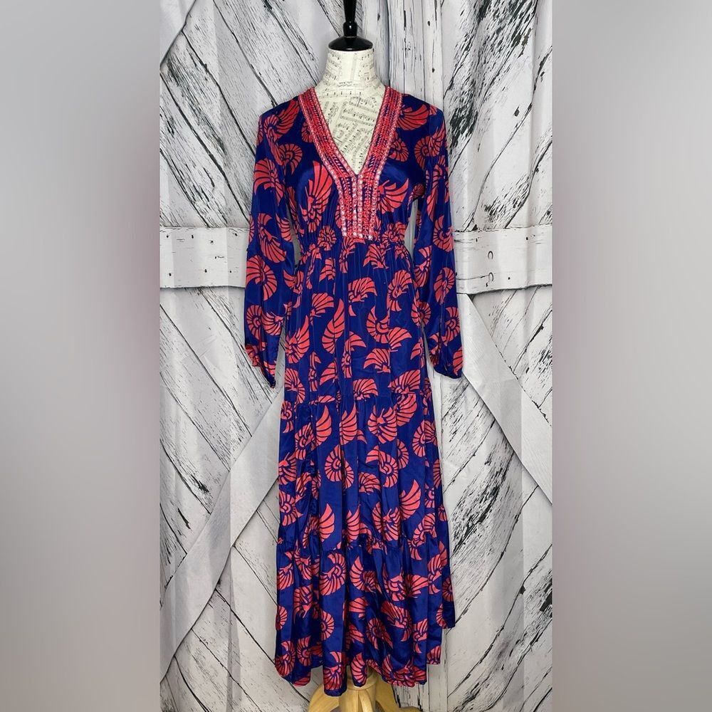 Dress Naoo Long Sleeve Tiered Maxi Style Dress Red & Navy M